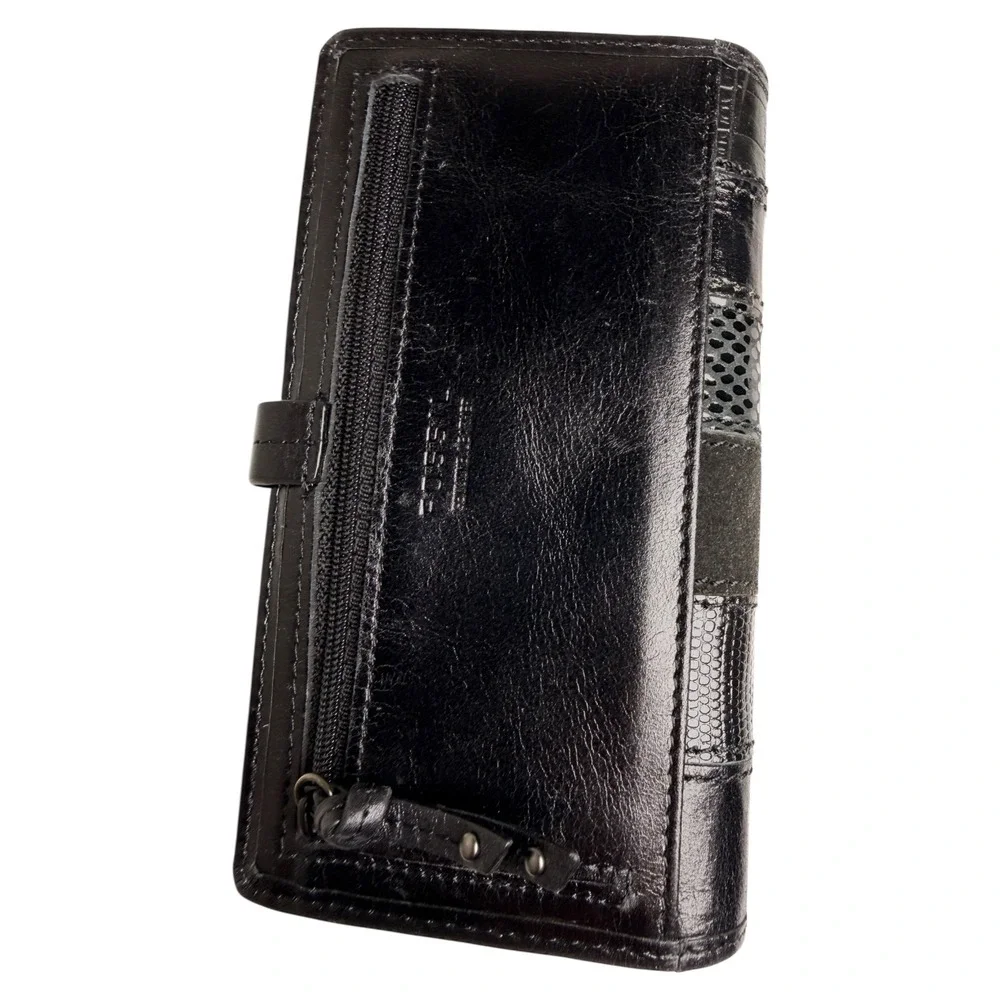 Fossil Patchwork Studded‎ Leather Wallet Clutch Black Snap Closure Zip Pocket